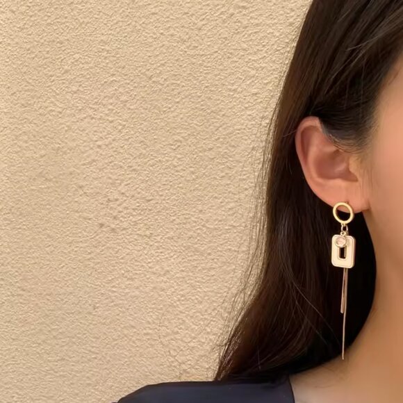 Modern Asymmetrical Geometric Drop Earrings – .925 Silver Needle, Gold Finish - Picture 3 of 12